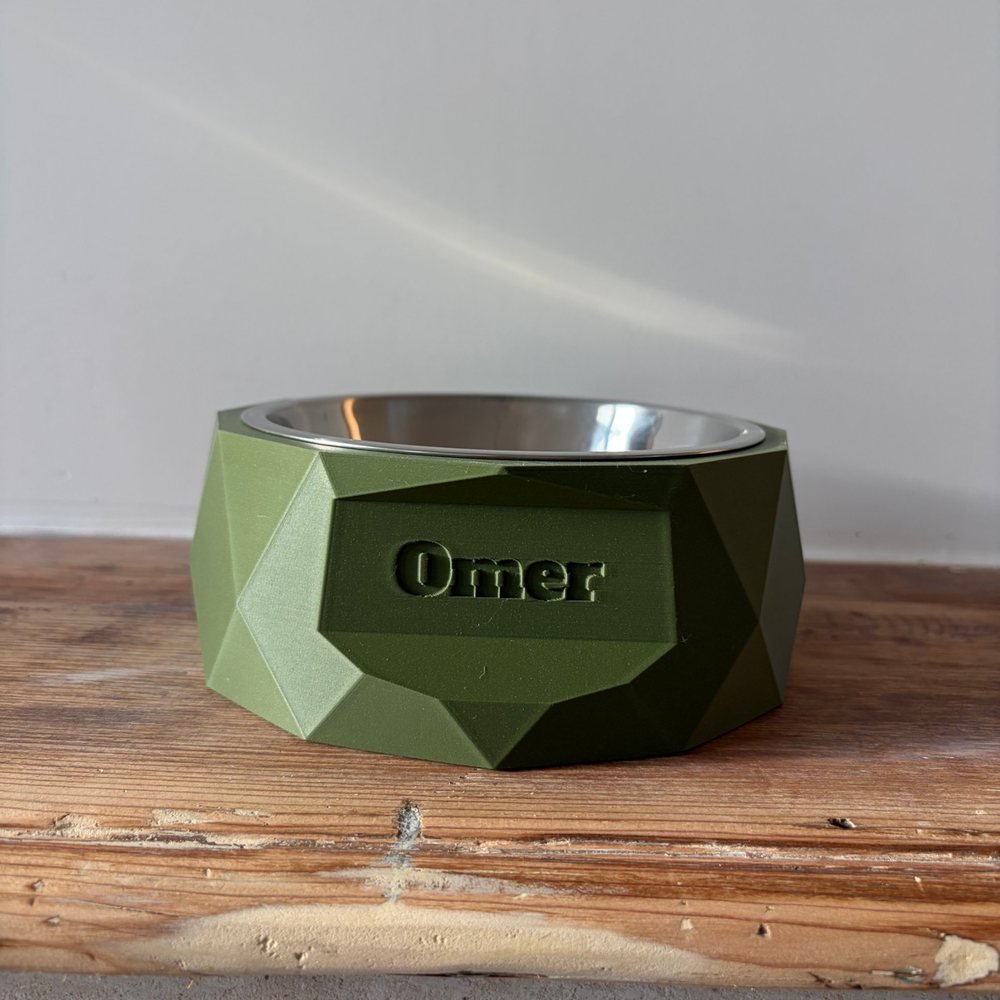 Photo réelle : gamelle personnalisée Cristal, fabriquée pour Omer, Vert foncé, prénom gravé, avec bol en acier inoxydable 304